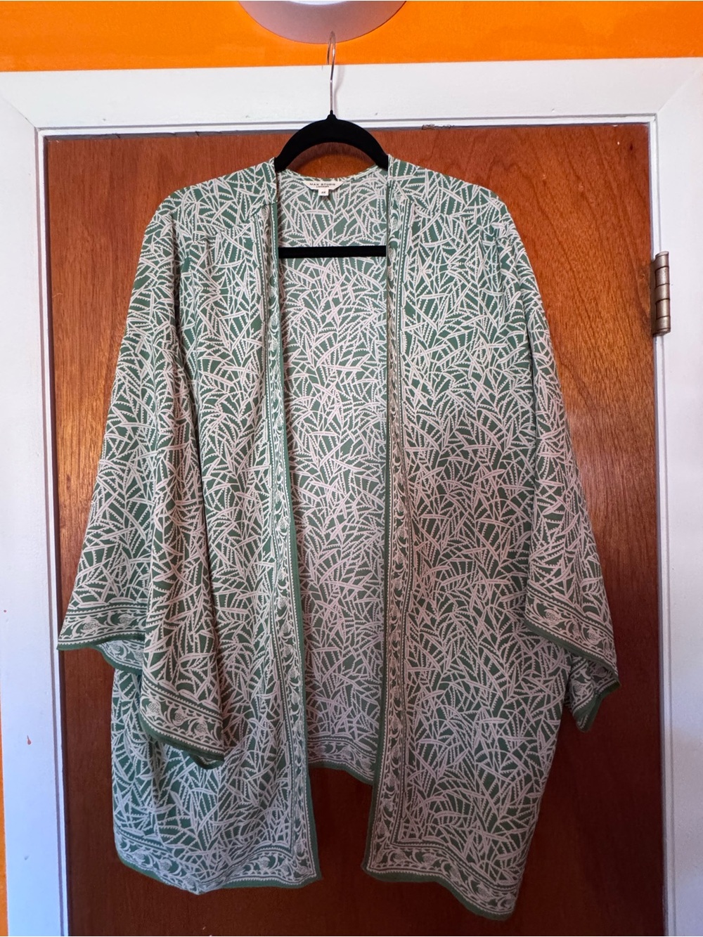 Max Studio Green and Cream Botanical Open-Front Poncho